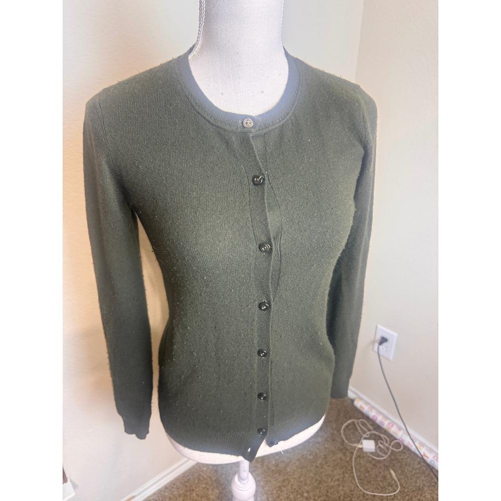 Magashoni Cashmere Cardigan Sweater Olive Green Button Front Crew Neck Womens